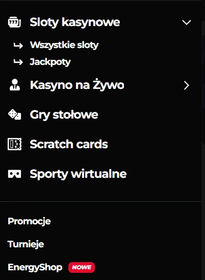 Energy Casino Menu Mobilne